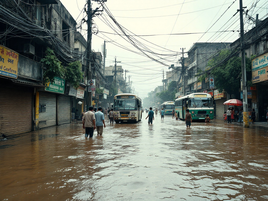 Floodwater standing across a Karachi intersection during the monsoon.